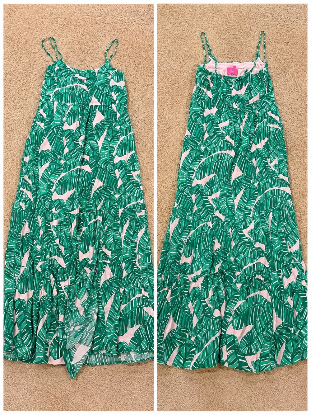 Lilly Pulitzer Green Palm Leaf Pink Maxi Dress Tropical Resort with Slit